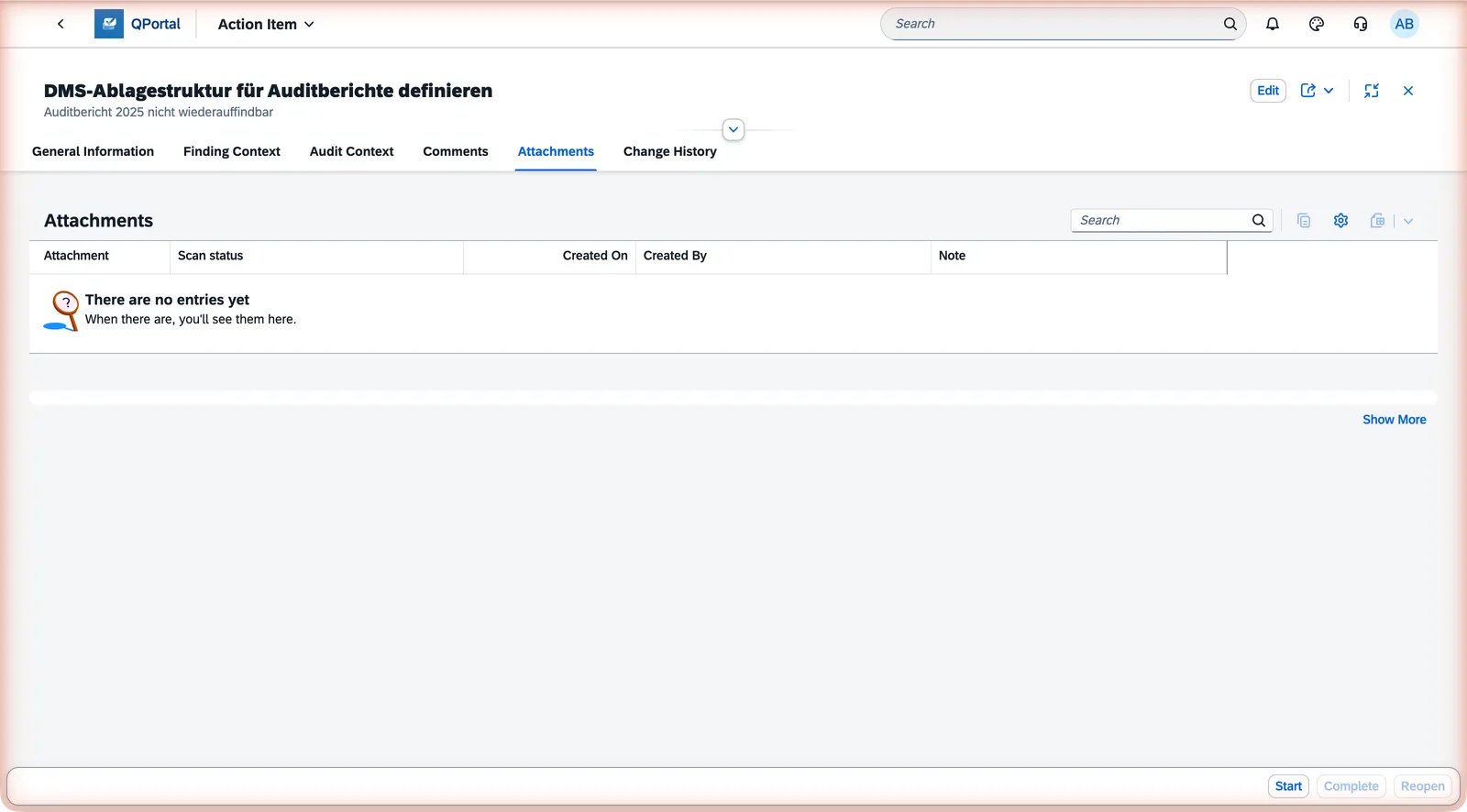 Action item detail page with the Attachments section