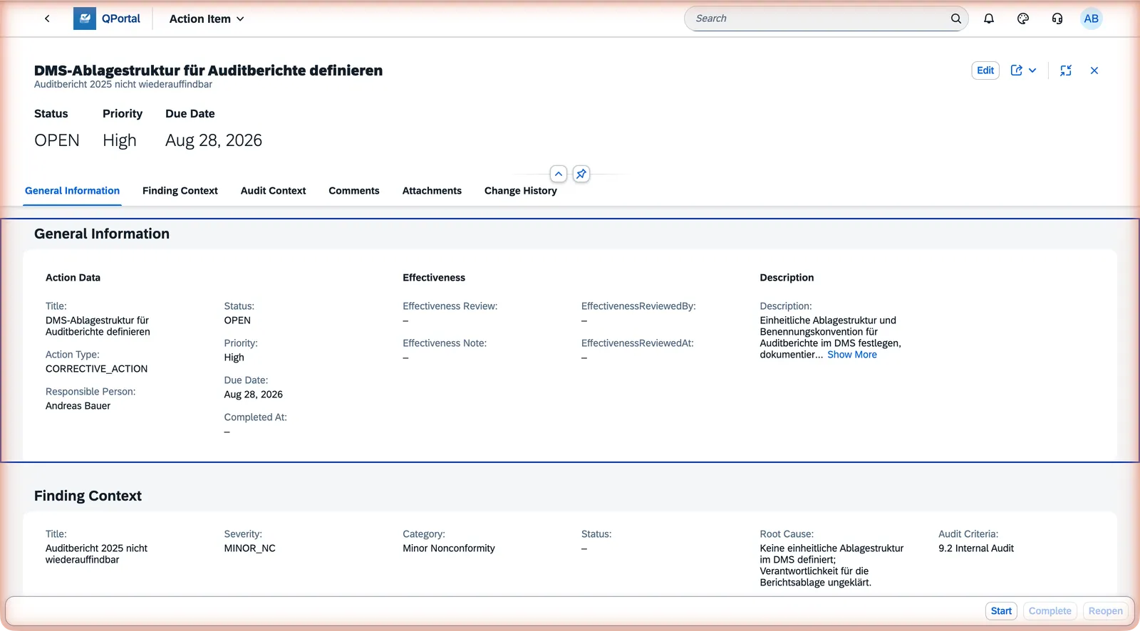 Action item detail page with the Start, Complete, and Reopen status buttons