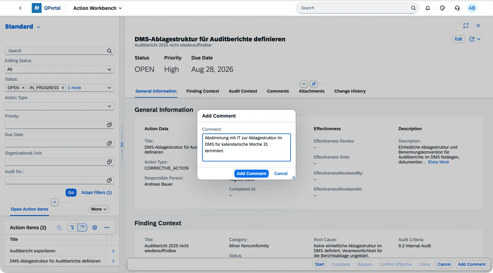 Add Comment dialog open in the Action Workbench
