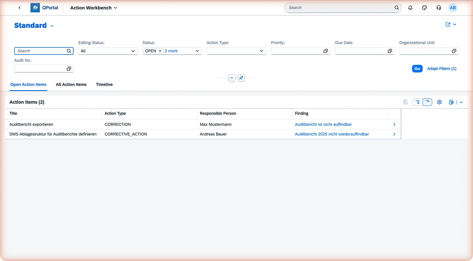 Action Workbench list, pre-filtered to show action items across audits