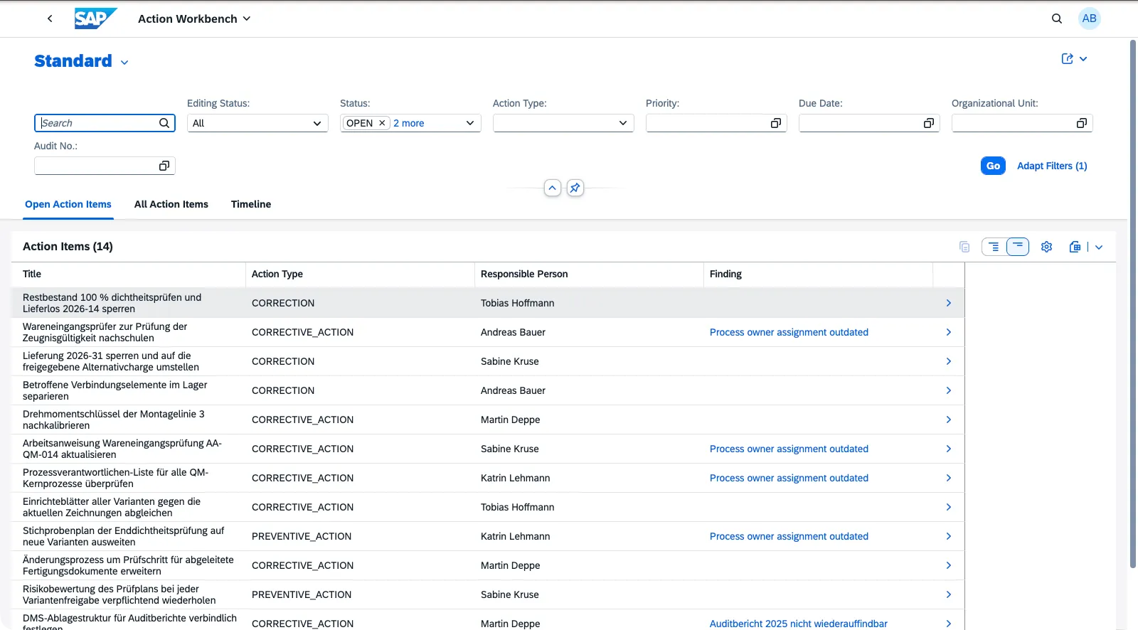 Action Workbench listing action items from findings and from root cause analyses side by side