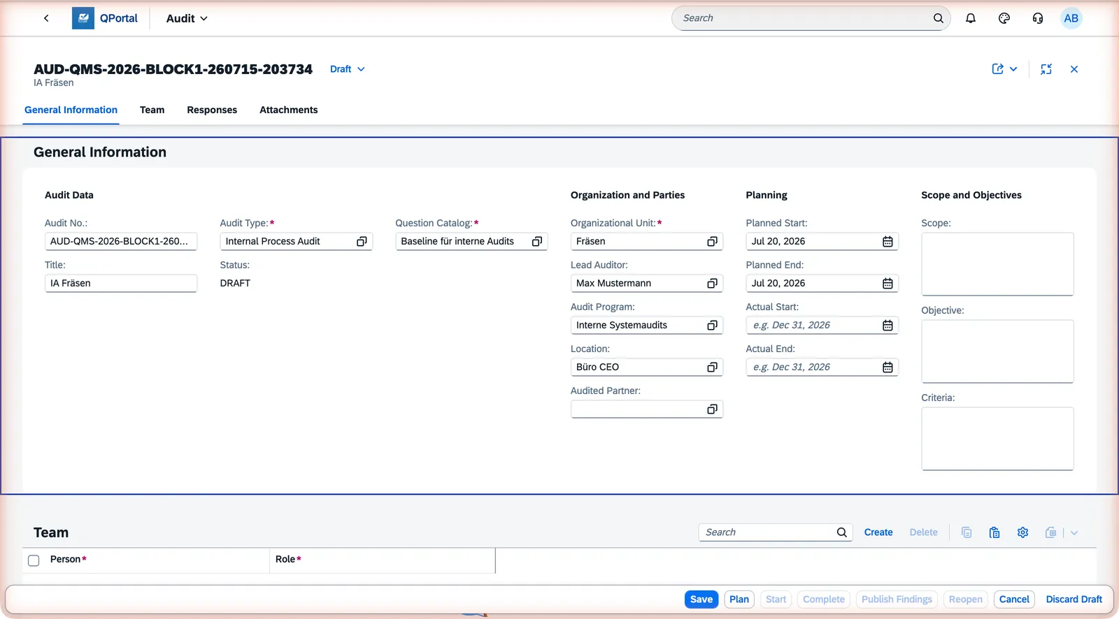 Audit object page in edit mode with the audit creation fields