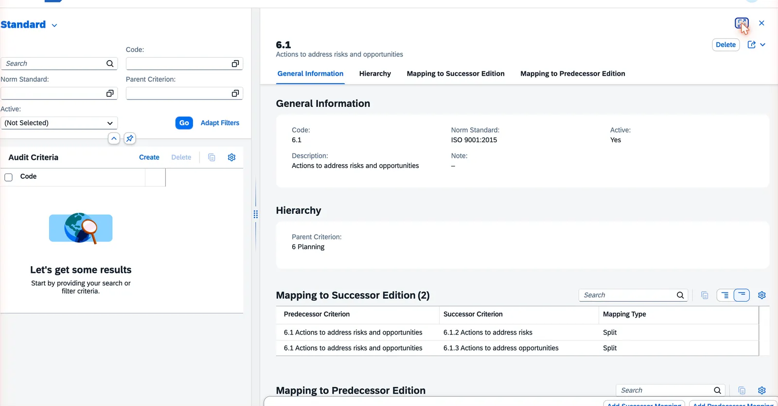 Audit criterion object page showing a “Split” mapping to its successor edition