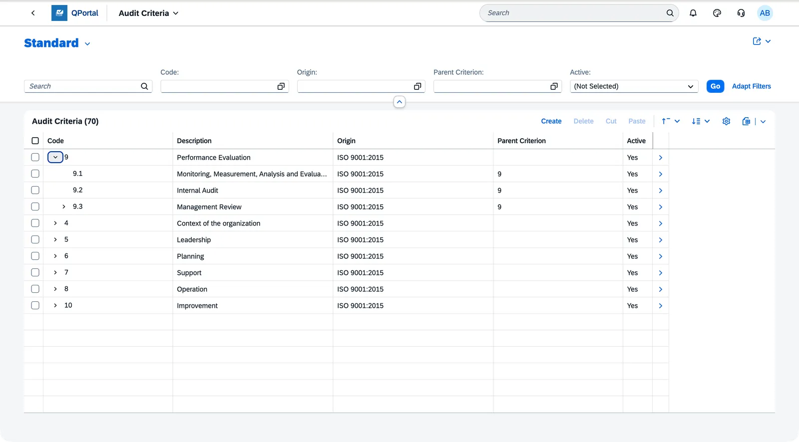 Audit Criteria tree table showing the hierarchical clause structure