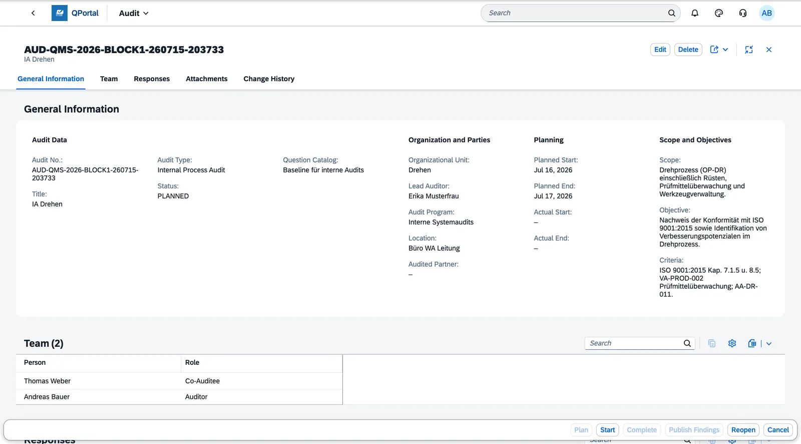 Audit object page with the current status and the lifecycle action buttons in the footer bar