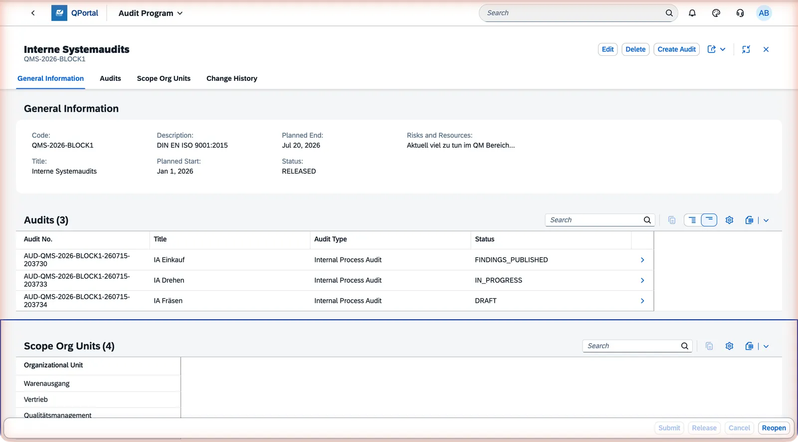 Audit Program object page with the Audits tab showing linked audits