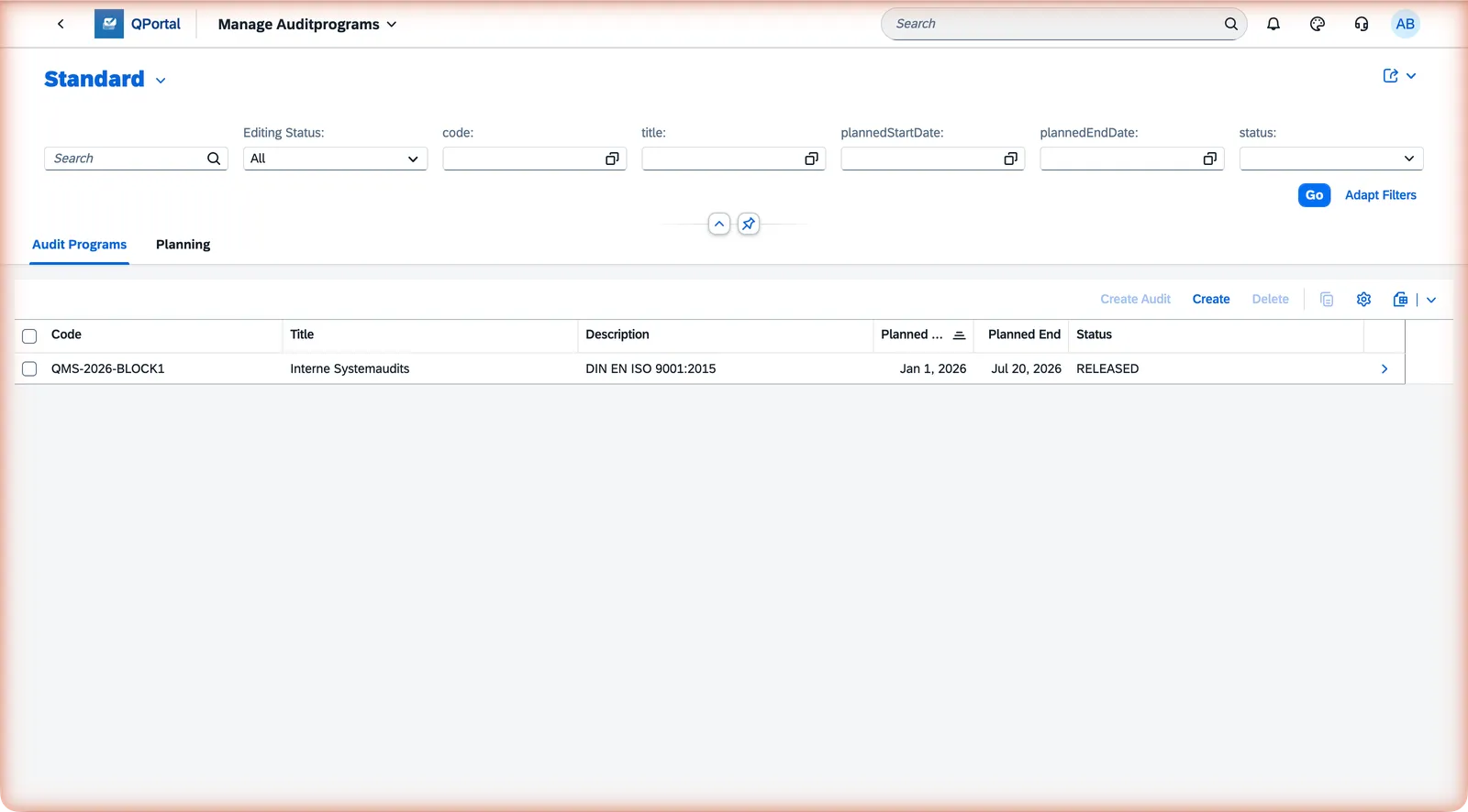 Audit Programs List Report showing programs with their status