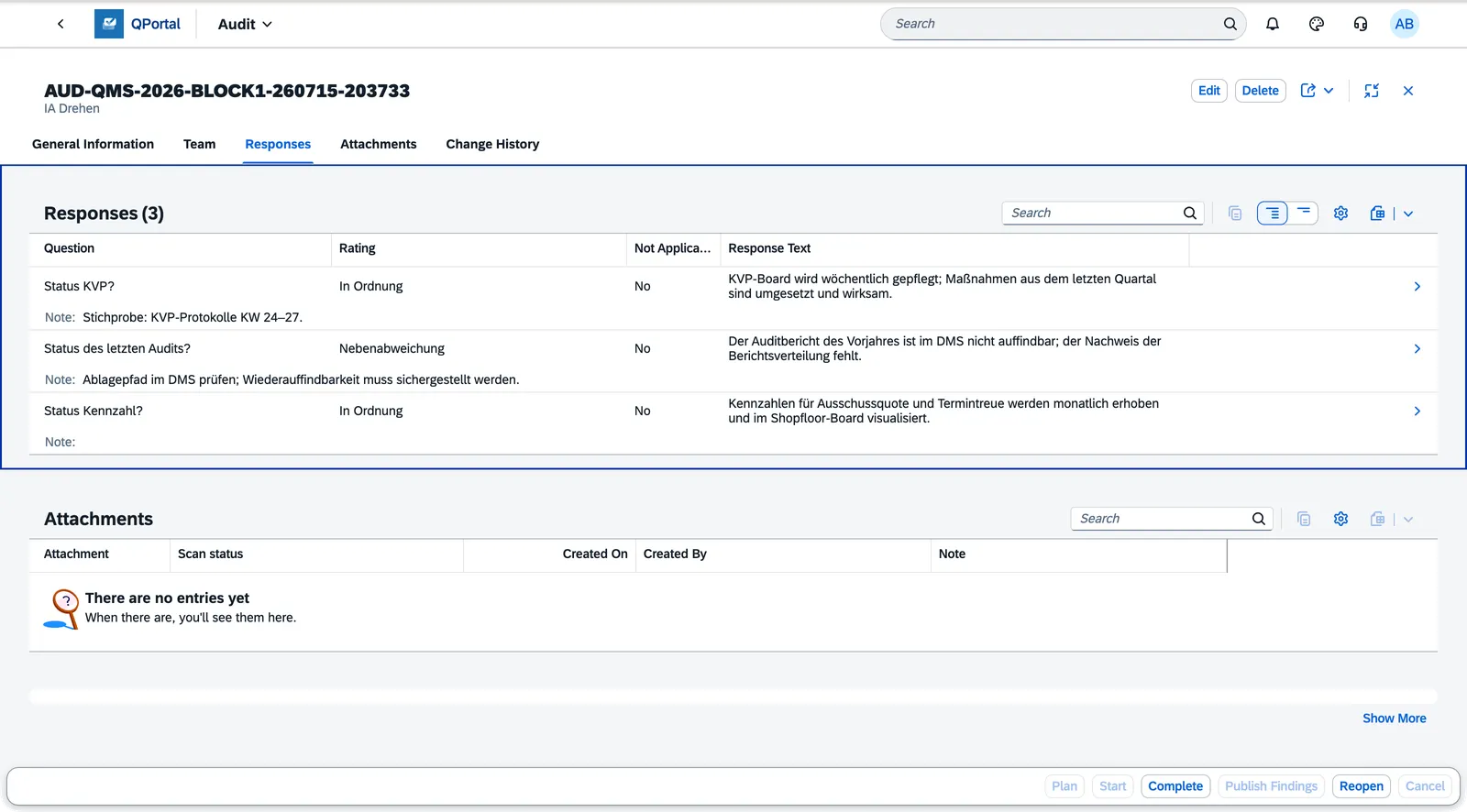 Question response list on the audit object page with rating and response text per question
