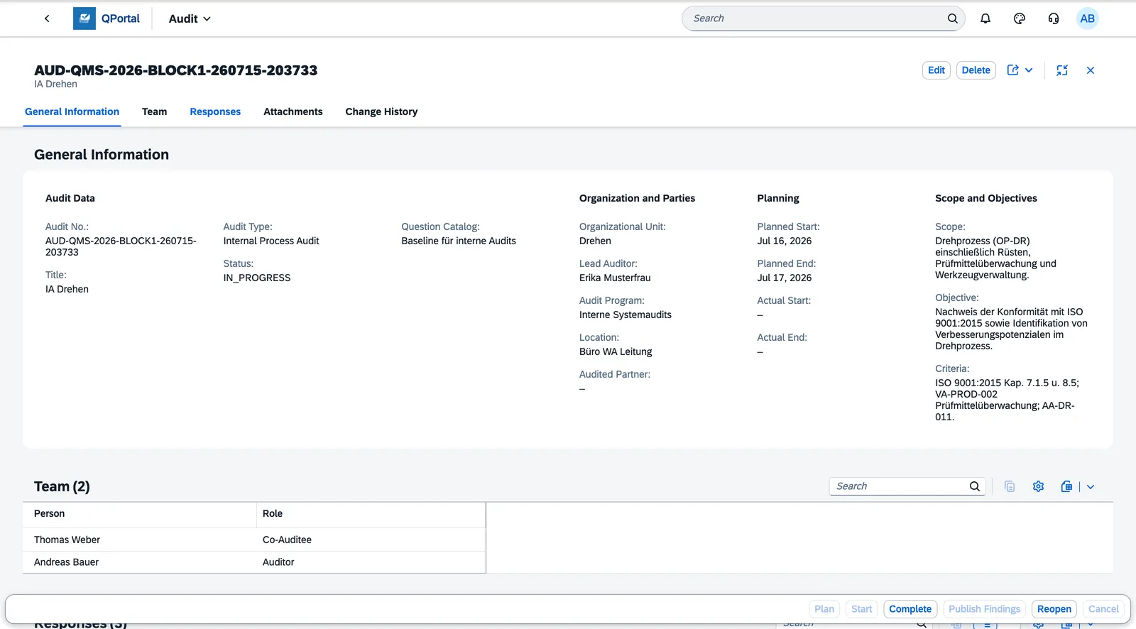 Team section of an audit showing the assigned team members and their roles