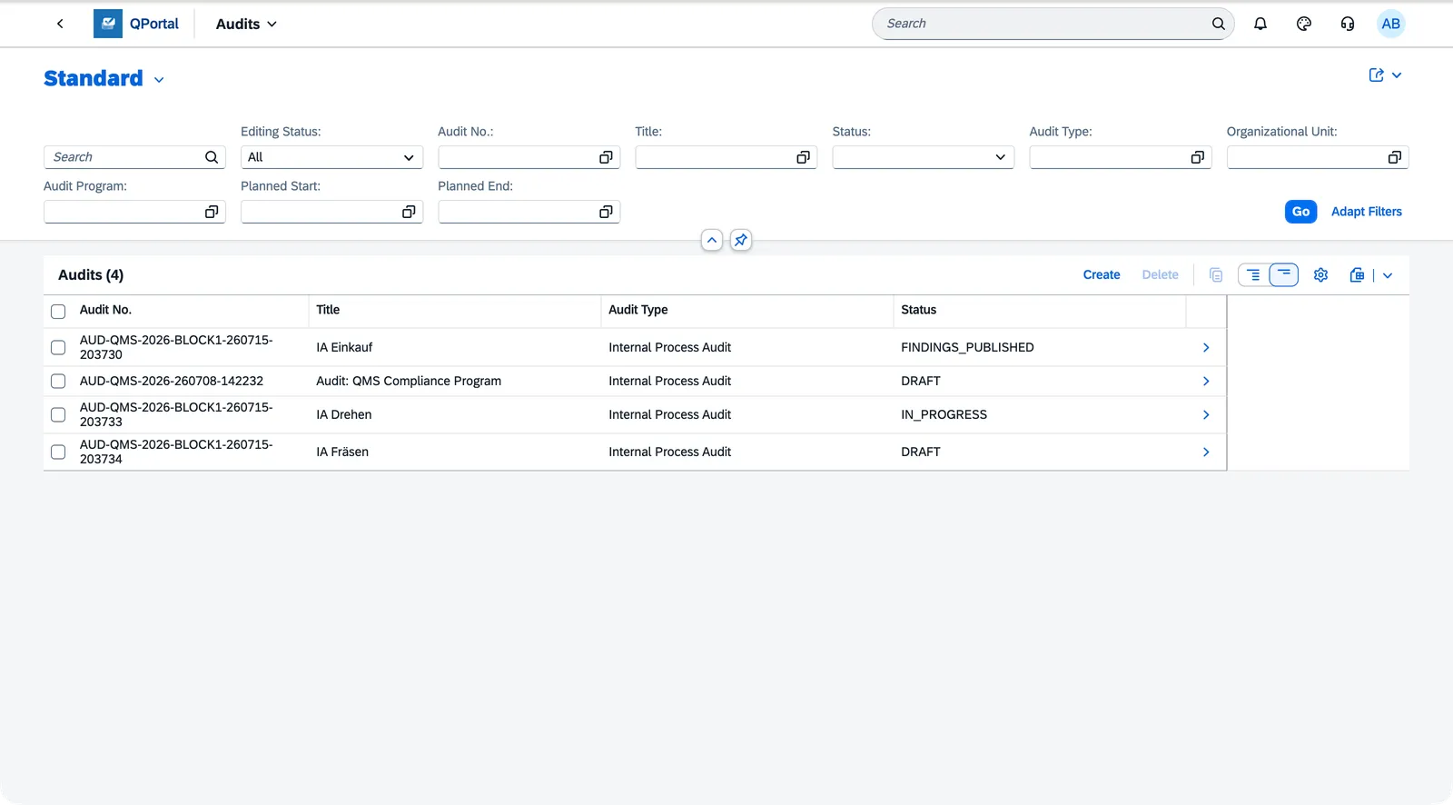 Audits List Report showing audits with their status and key details