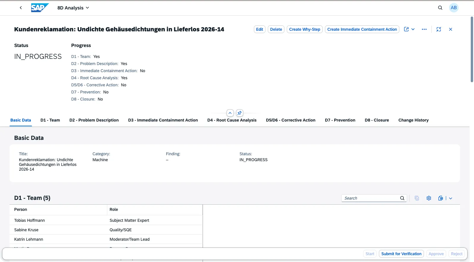 8D analysis header with the D1 to D8 progress list and the D1 team table