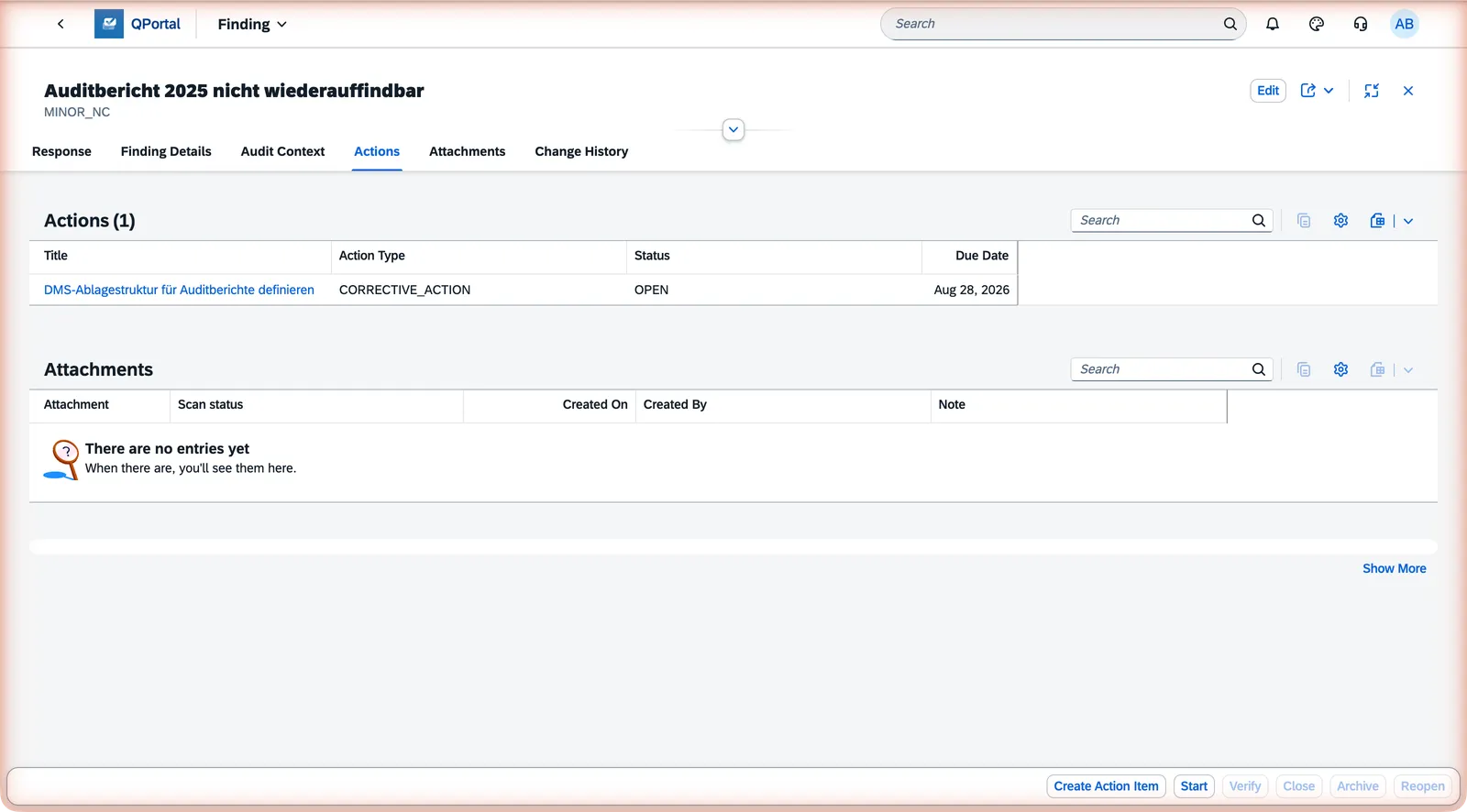 Actions tab on a finding showing a created action item