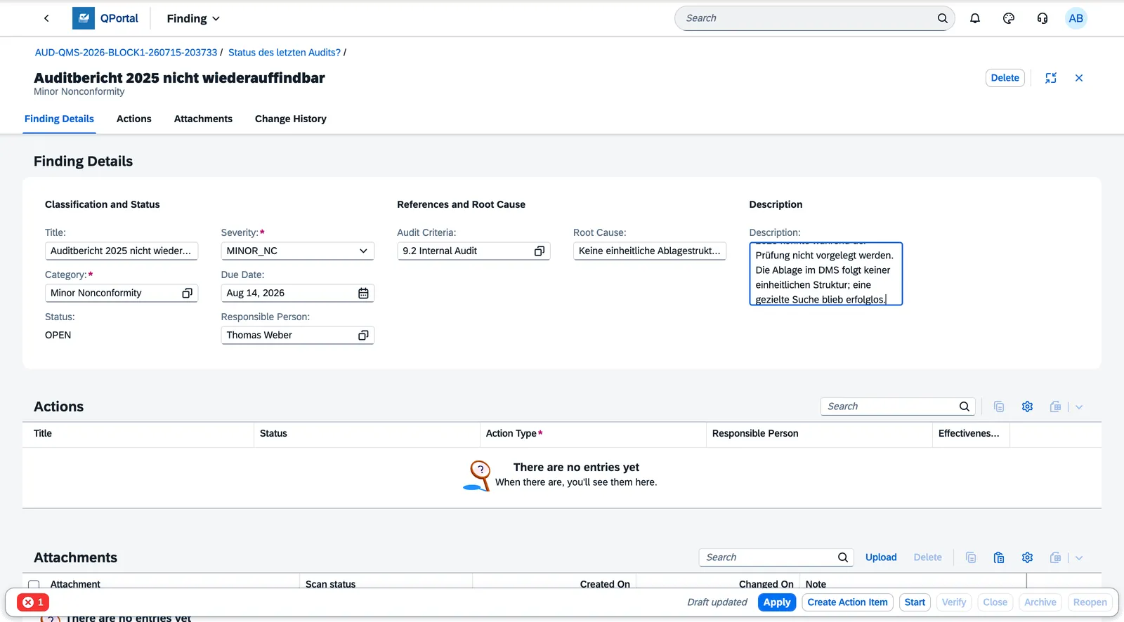 Finding creation form with title, category, severity, audit criteria, root cause and description