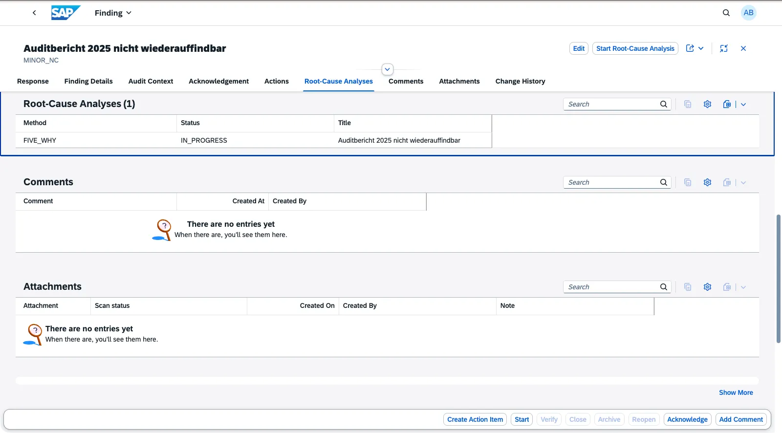 Root-Cause Analyses section on a finding, showing method, status and title of the linked analysis