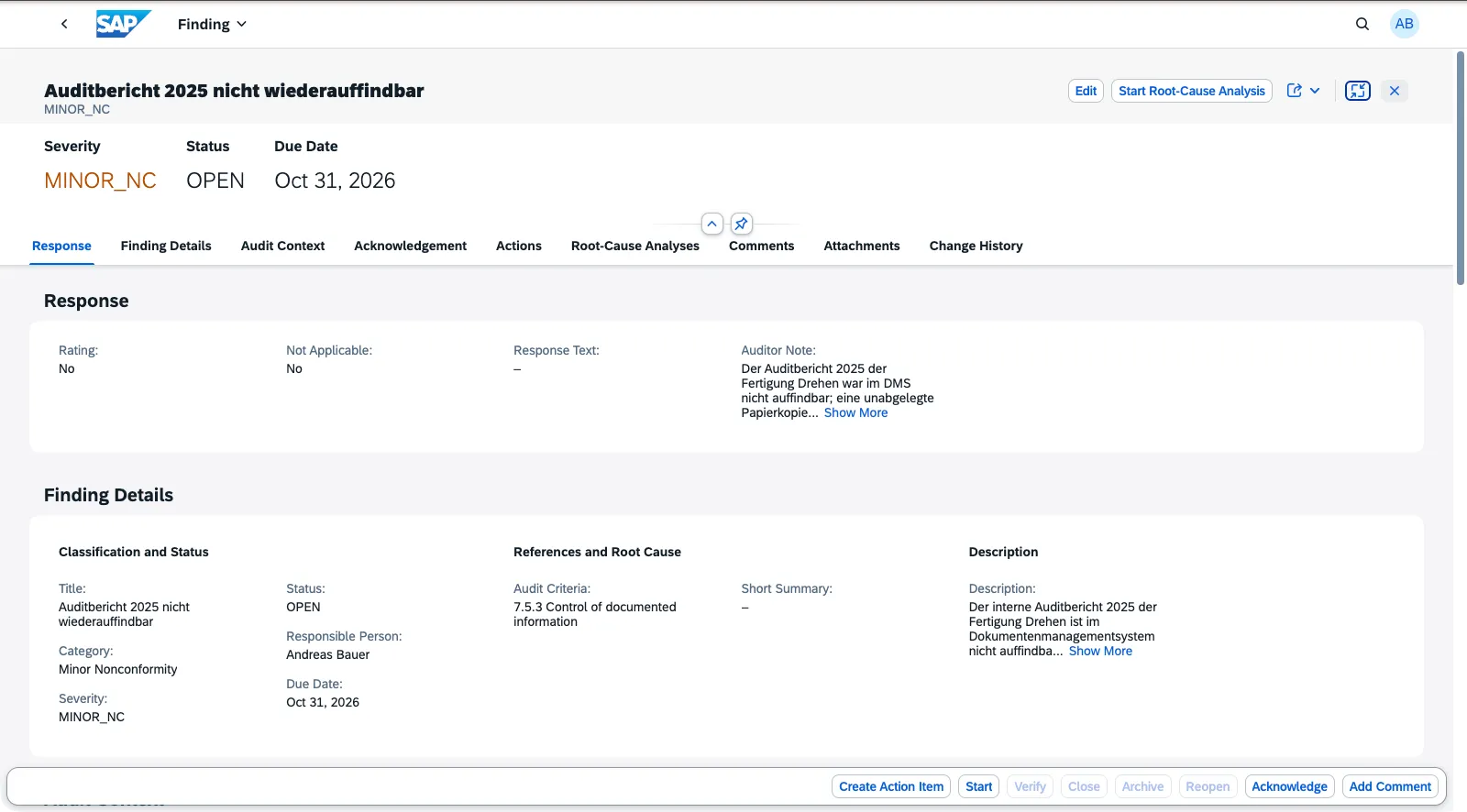 Finding detail page with the Start Root-Cause Analysis button in the header