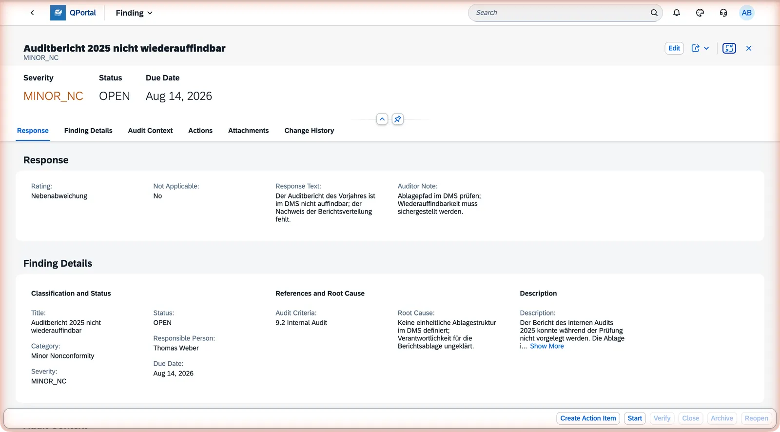 Finding detail page footer with the Start, Verify, Close, Archive, and Reopen status buttons