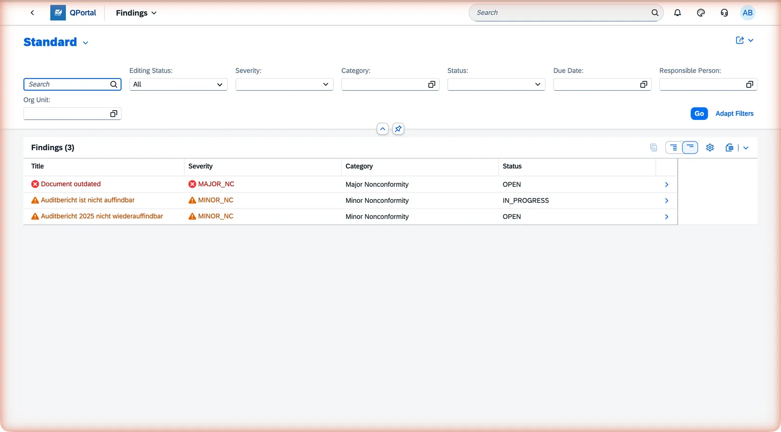 Findings app List Report with the filter bar and colour-coded criticality indicators