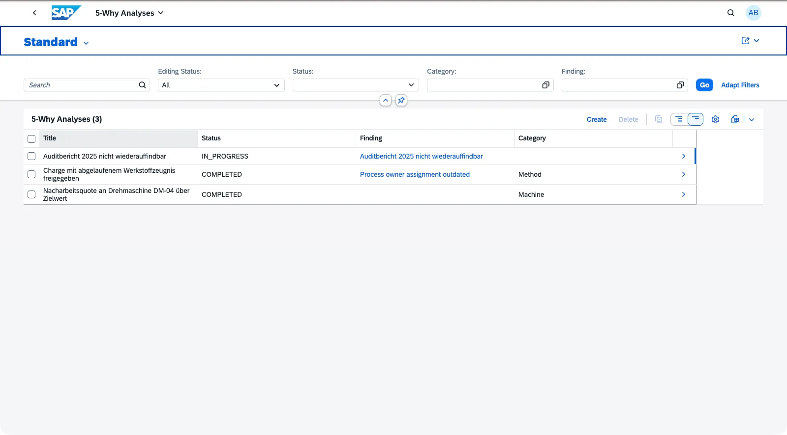 5-Why Analyses list with status, linked finding and category columns