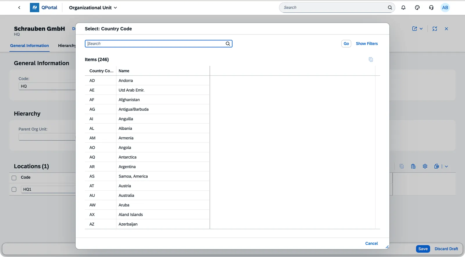 Location detail page with the Country value help dialog open