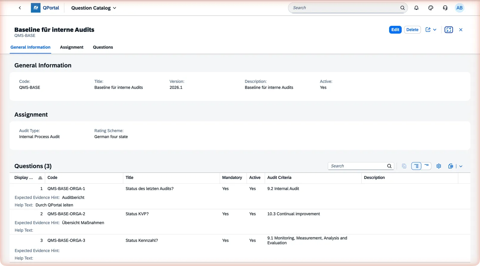 Question Catalog object page showing the Active flag field