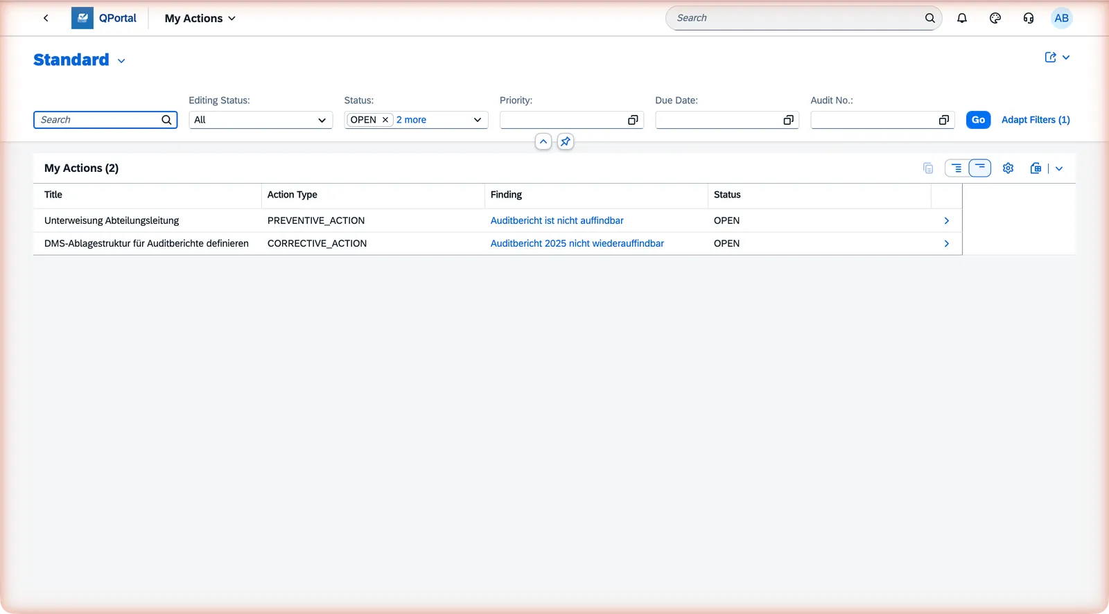 My Actions list showing action items assigned to the current user