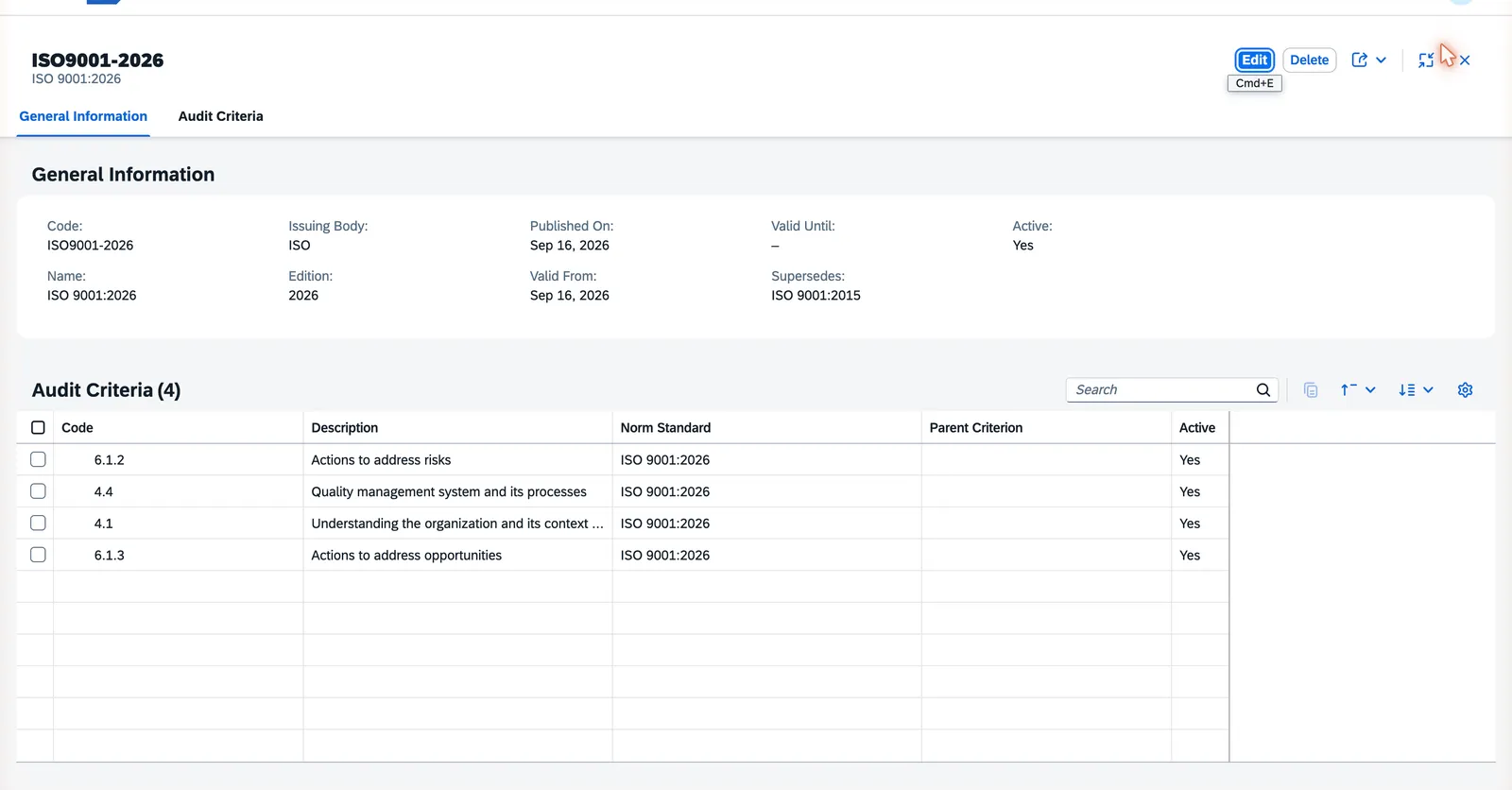 Norm Standards object page showing master data fields and the associated criteria tree