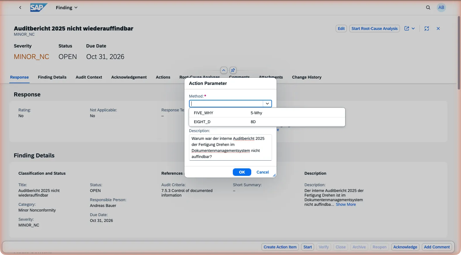 Start Root-Cause Analysis dialog on a finding, with the method list open showing 5-Why and 8D